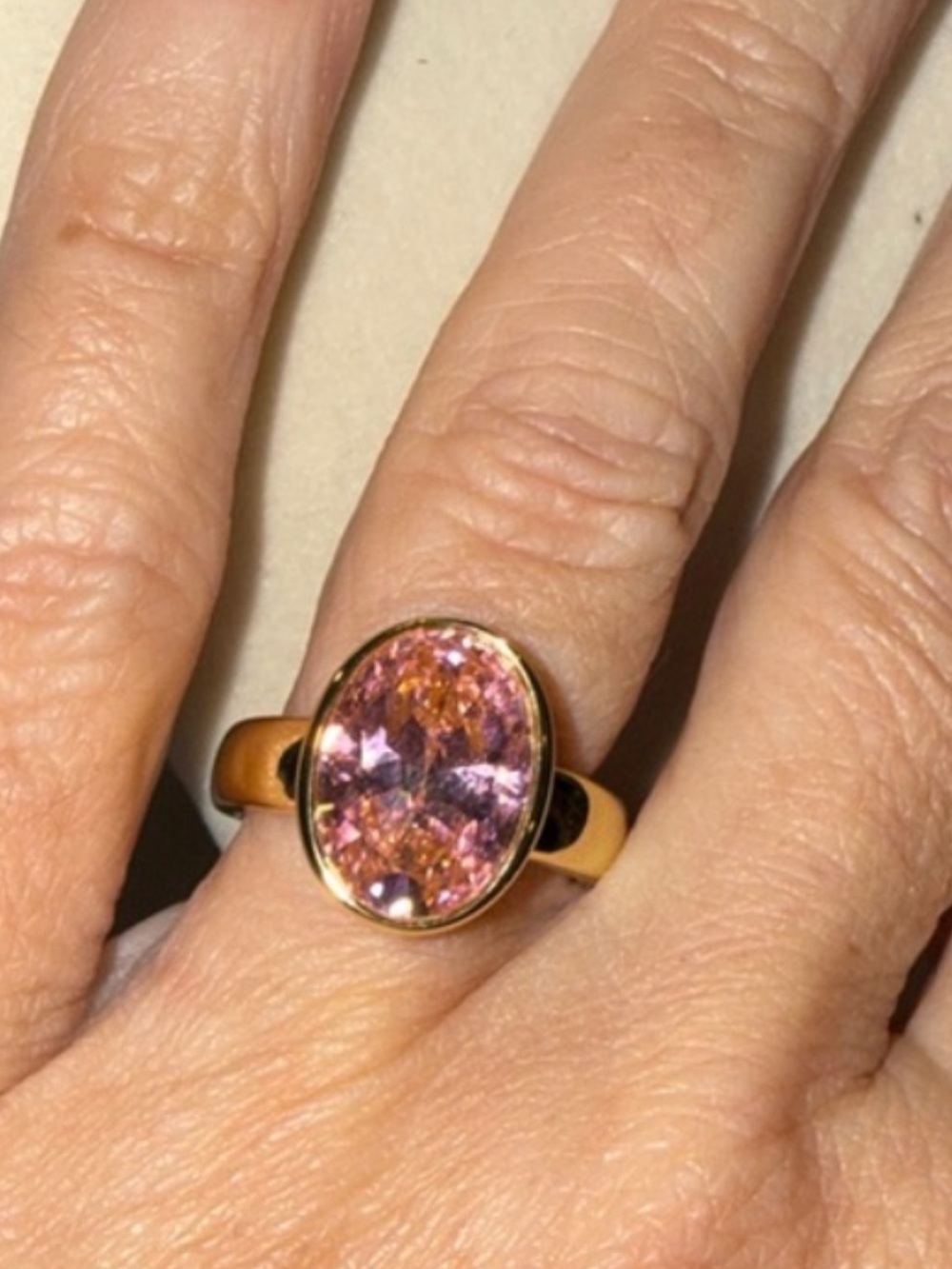 Gold Ring with Pink Oval Crystal